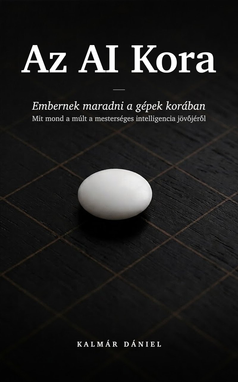 Az AI Kora, Kalmár Dániel könyvének borítója, egy fehér go-kő sötét táblán